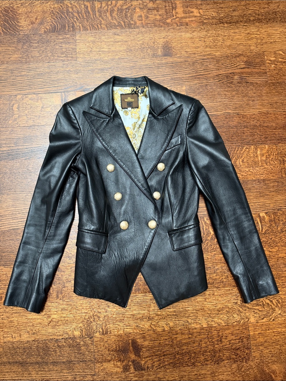 Gil Santucci Black Double-Breasted Leather Blazer